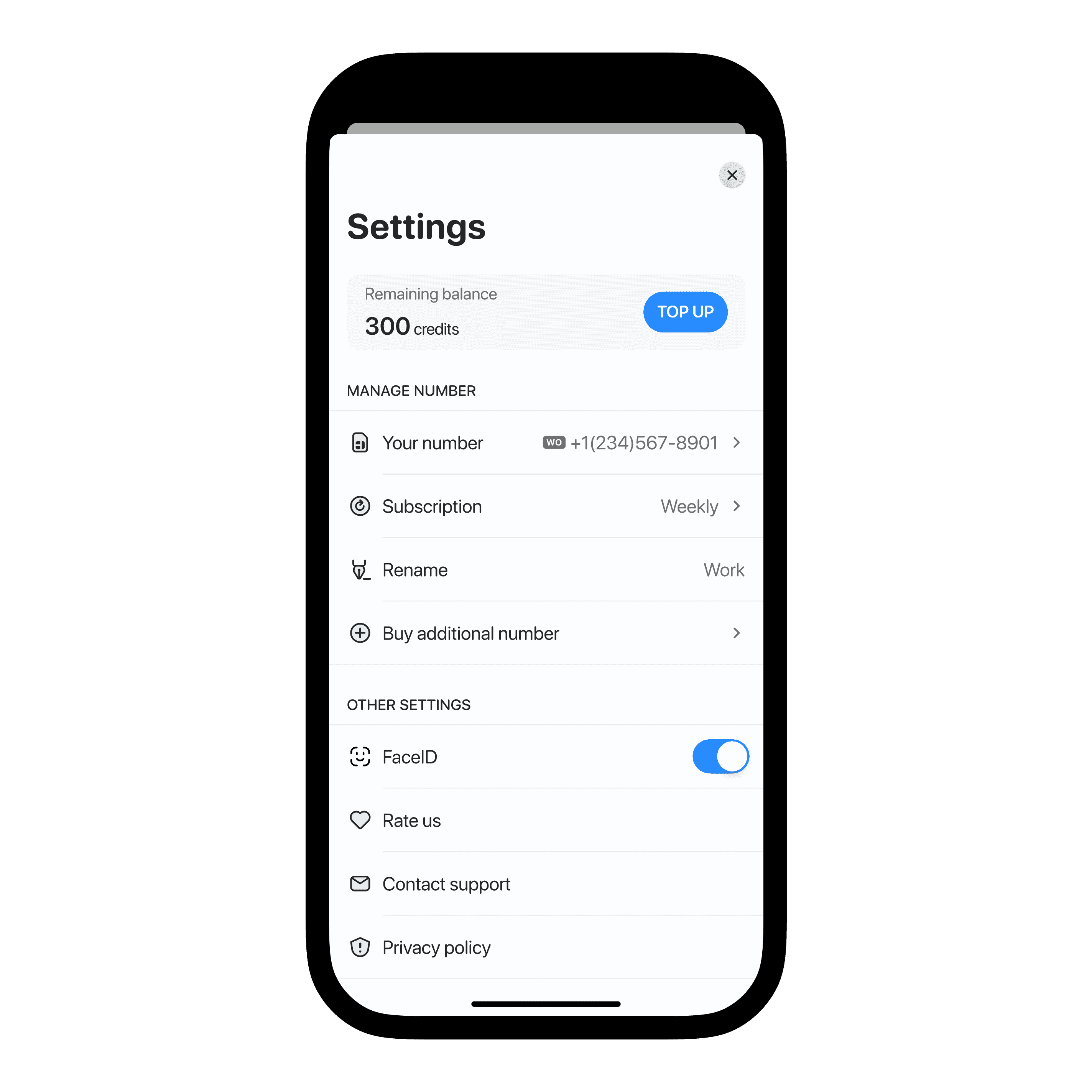 Settings screen inside the app