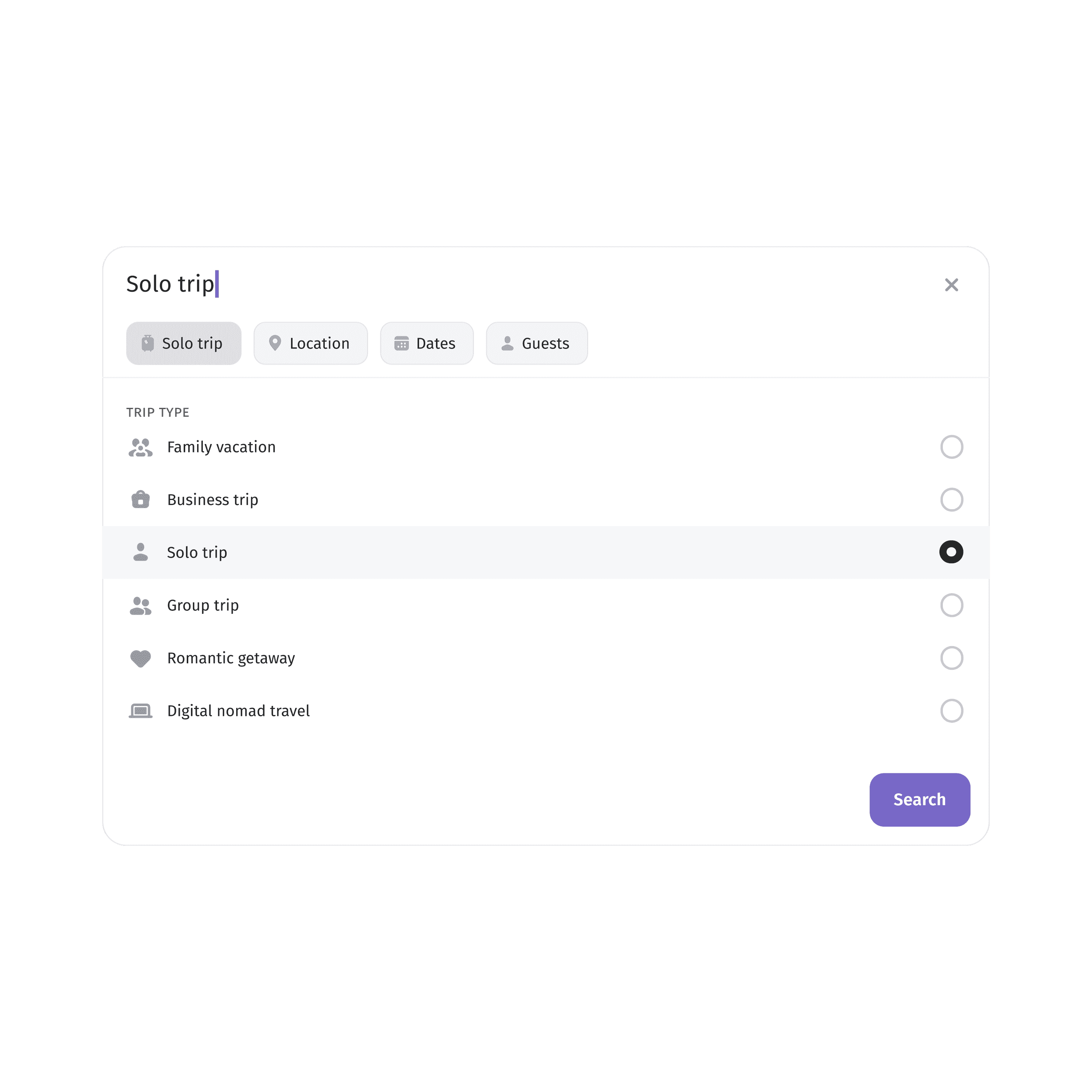 Trip types in omnisearch