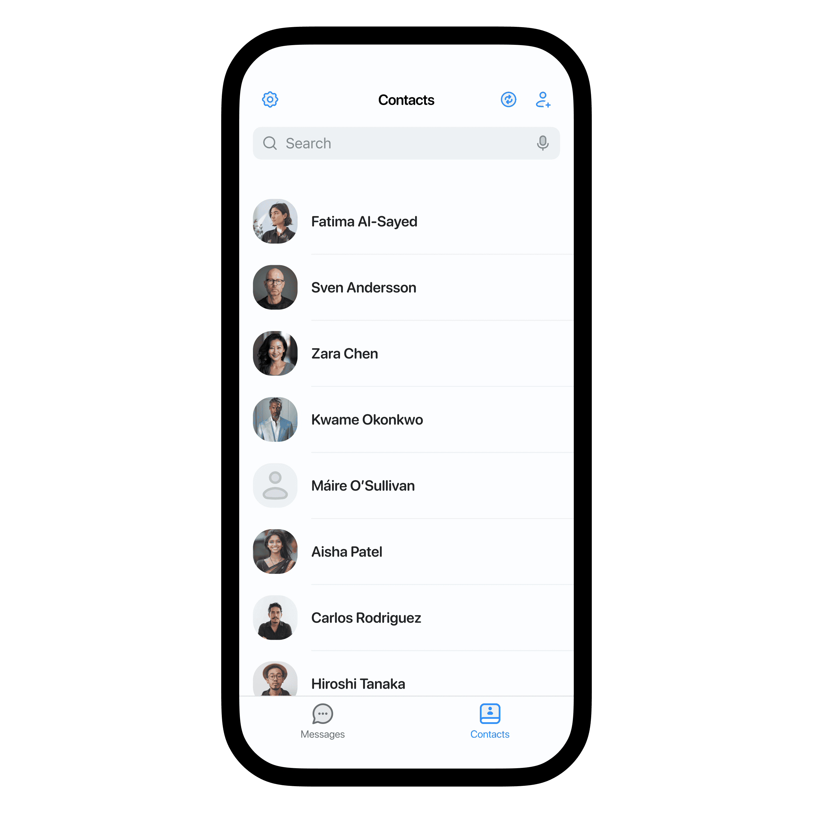 Contacts screen with custom icons