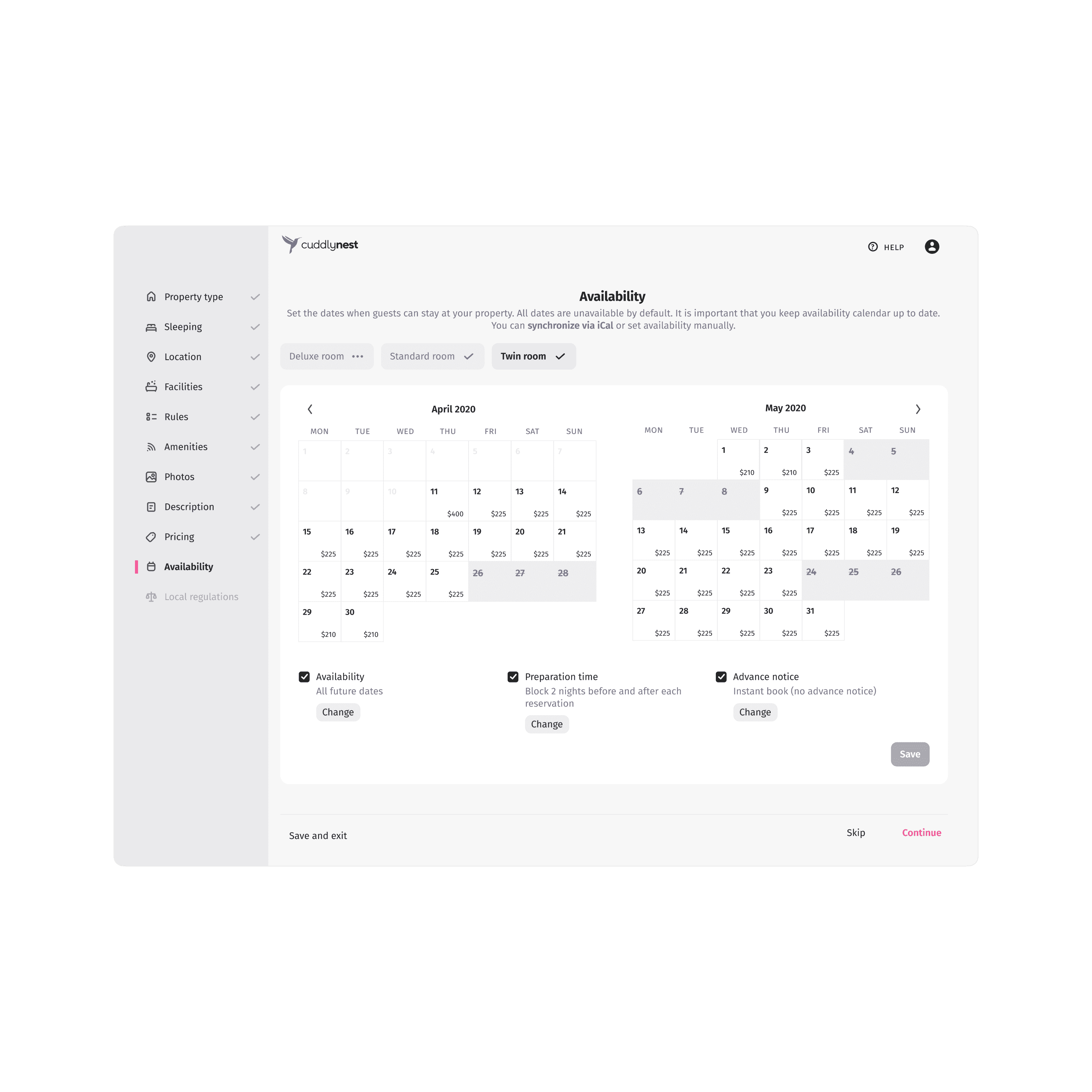 Setting up availability in the property in the listing flow