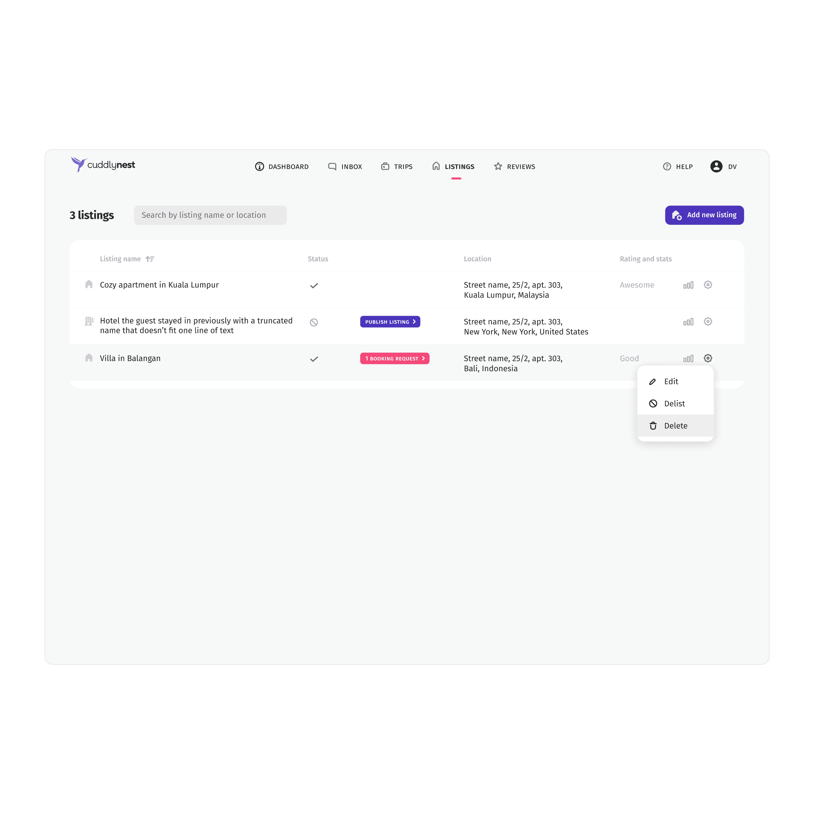 Listings dashboard