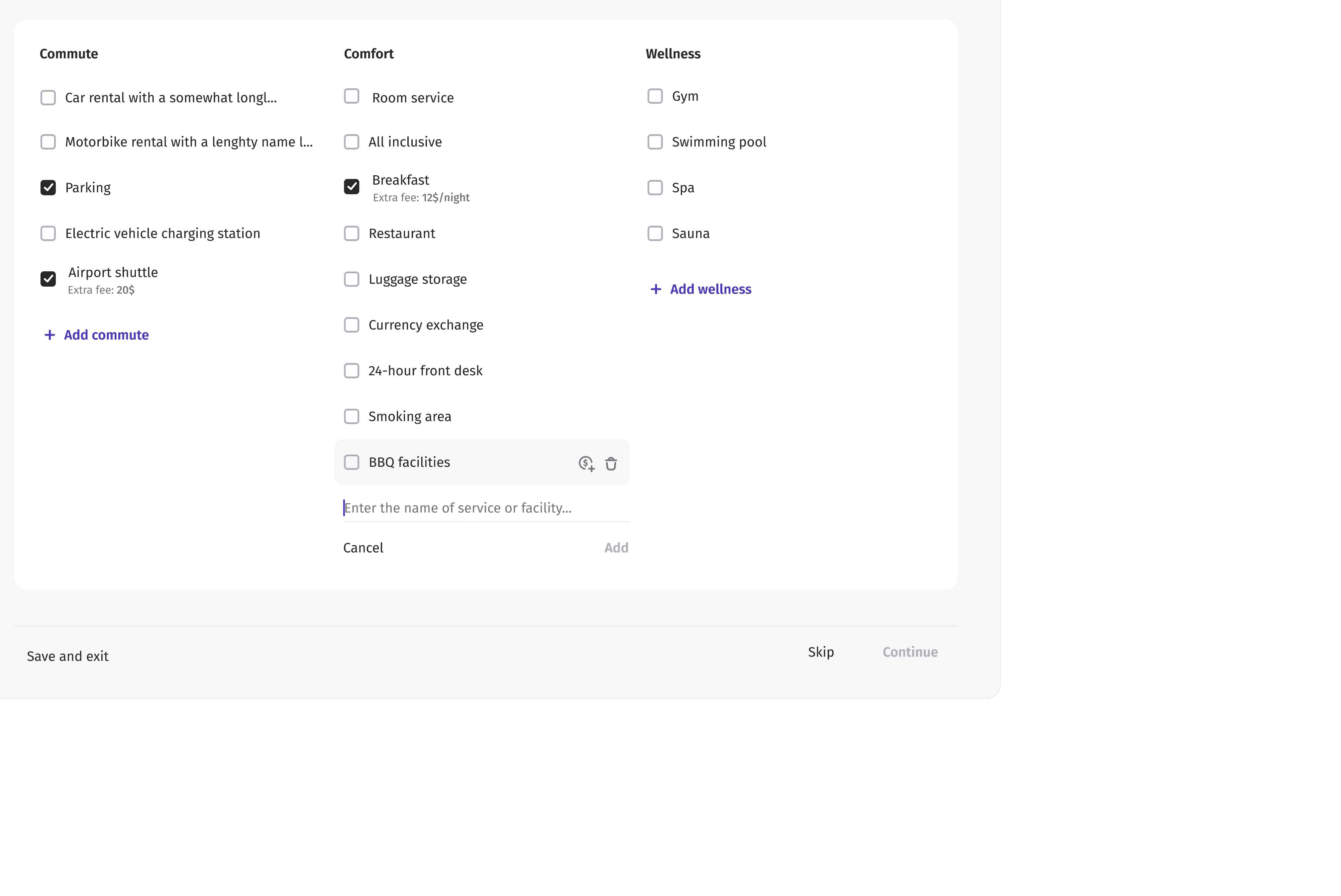 Setting up facilities in the property in the listing flow